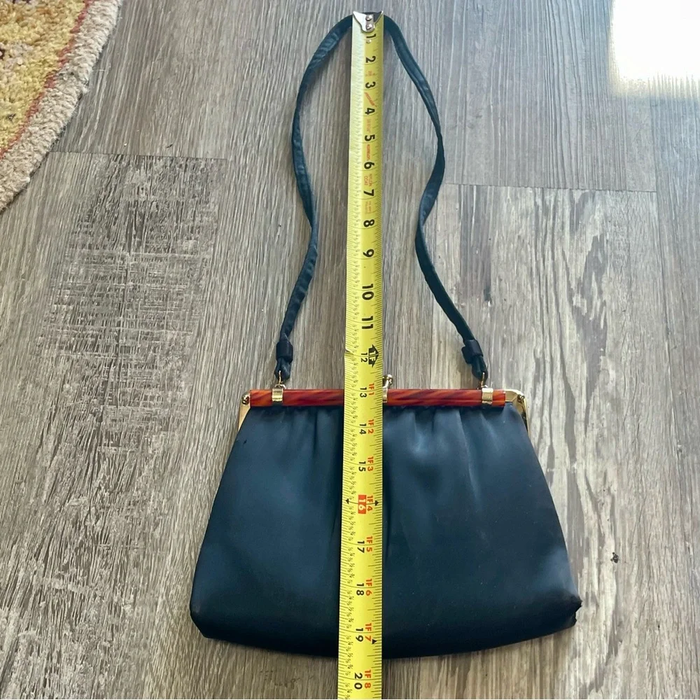 Vintage 60s Ande Black Satin Evening Bag + Tortoise Shell Style Clasp Purse - Picture 14 of 16